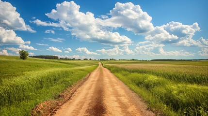 Fototapeta premium Open Country Road Through Vibrant Green Fields, Sunny Rural Landscape