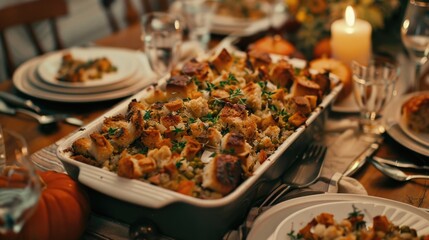 A casserole dish on a table with plates of food. Ideal for food and cooking related projects