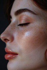 Close up of a woman with freckles, perfect for skincare products ads