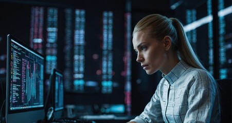 Programming coding and women with focus, hologram and trading with cyber security, futuristic and research. female person, investor and employee with data analysis, server or investment with website i