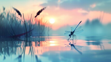 a serene nature scene at sunrise with a close up dragon fly perched on a single reed against the...