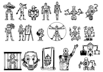 Robots set sketch engraving PNG illustration. T-shirt apparel print design. Scratch board imitation. Black and white hand drawn image.