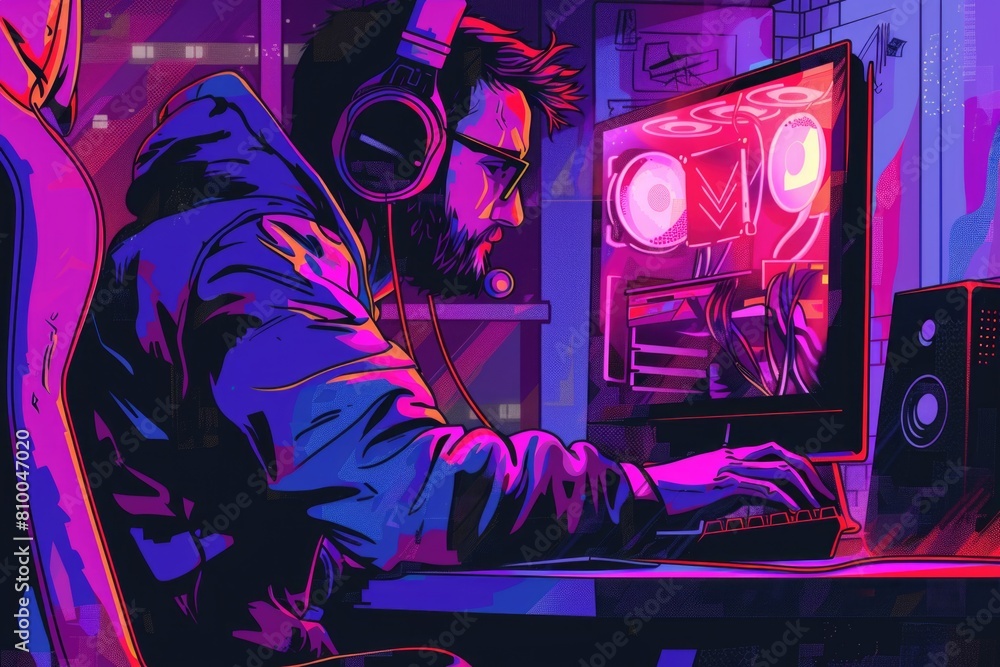 Poster A man sitting at a computer wearing headphones. Suitable for technology concepts