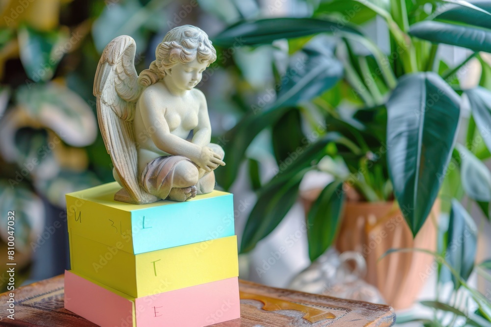 Poster a statue of an angel sitting on a stack of boxes. suitable for various concepts and designs