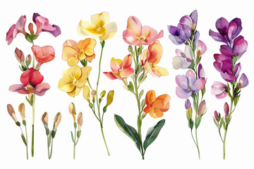Watercolor freesia clipart with fragrant blooms in various colors 
