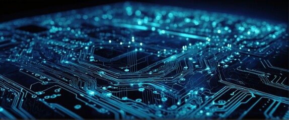 Fototapeta premium Quantum computer technologies concept, Futuristic blue circuit board background vector, Modern technology circuit board texture background design, Waves flow, Quantum explosion technology 