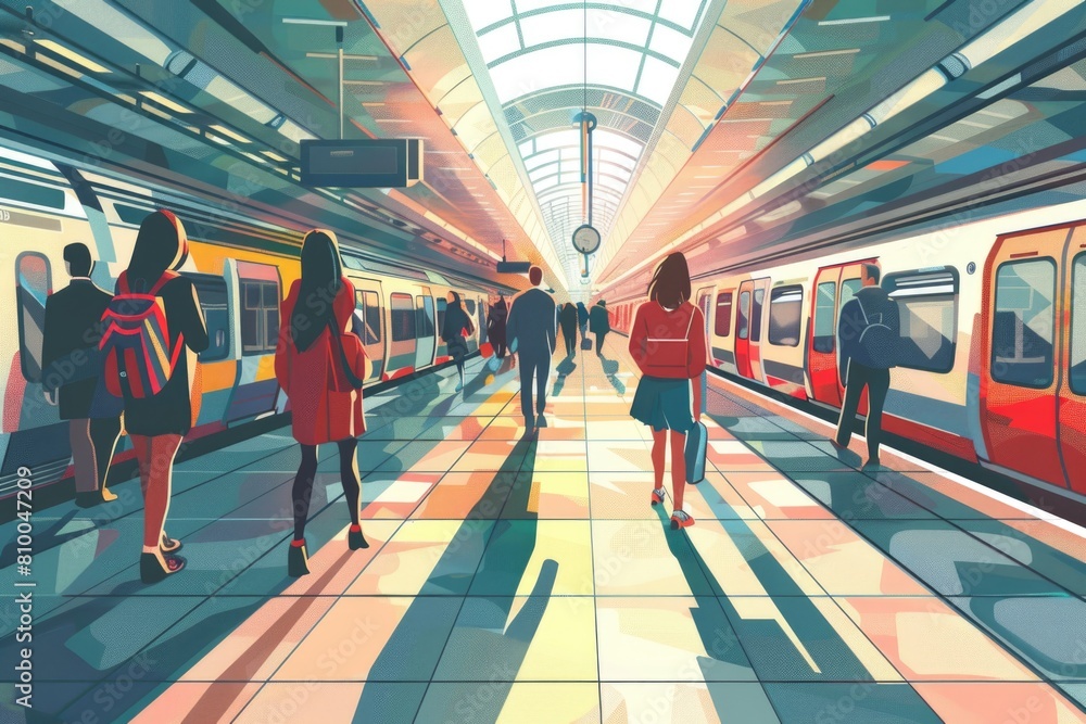 Poster a group of people walking through a busy train station. ideal for travel and transportation concepts