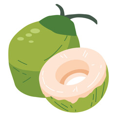 Whole and half slice green coconut vector illustration, degan or kelapa muda summer fruit clipart, cocos nucifera image