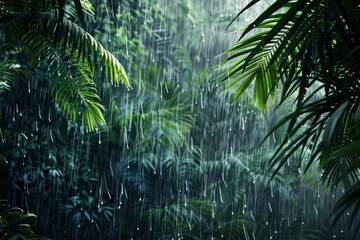Rain falling on dense canopy of tropical forest with green leaves.