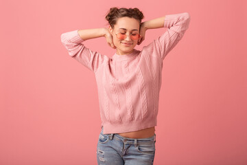 young pretty cute woman in stylish outfit in pink sweater and sunglasses
