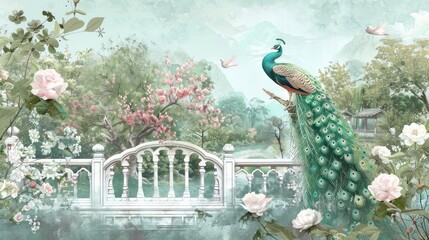 Vintage wallpaper of a Parisian Chinoiserie Garden with a peacock, flowers and birds in pastel green tones, a white marble fence, arches, a garden, rococo, Asian art, a romantic scenery,  watercolor
