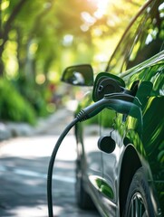 A closeup of an electric car charging