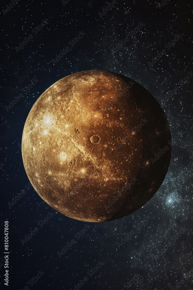 Poster a beautiful planet floating in the sky with stars in the background. perfect for sci-fi or fantasy t