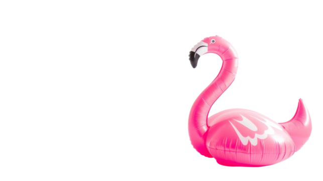 Cute inflatable pink flamingo toy on white background, summer fun, beach,  png transparent