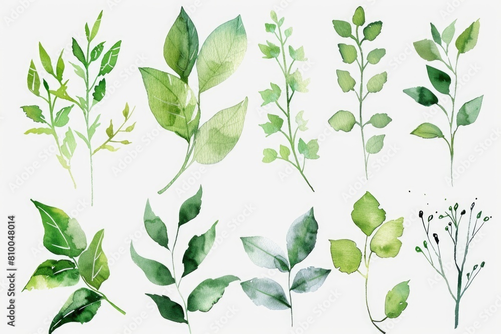 Poster a collection of watercolor green leaves and branches. suitable for various design projects