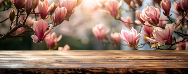 Serene magnolia blooms over wooden surface