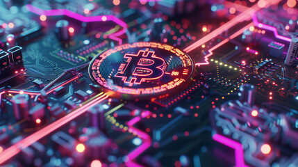 Bitcoin Mining Concept. The Pulse of New Economy: An Electrifying Visualization of Cryptocurrency Mining, Symbolizing the Power and Potential of Bitcoin. Image made using Generative AI