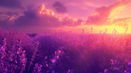 Dreamy Lavender Fields at Sunset, Picturesque Purple Landscape
