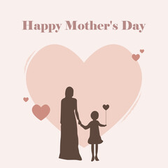 Illustration design of International Mother's Day, May 14. Silhouette of a balloon in the hands of the child with his mother, walking towards the shape of a love heart. Concept of mother's love.

