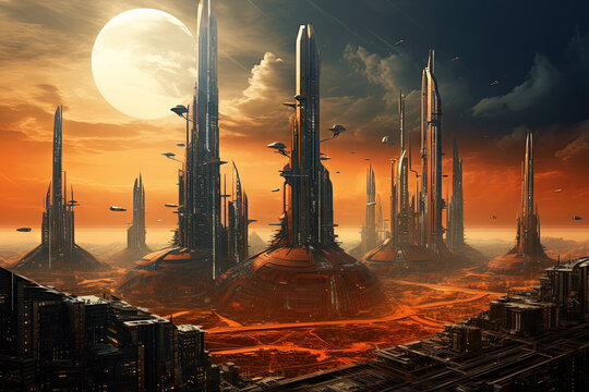 Science fiction landscape with futuristic city at orange dusk on the alien planet.