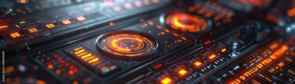 Poster a close up of a futuristic control panel with glowing orange lights and buttons.
