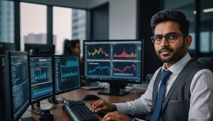 South Asian Financial Securities Trader Working on Desktop Computer in a Modern Office, Handsome Indian Accountant Bookkeeping Financial Affairs of a Business Venture
