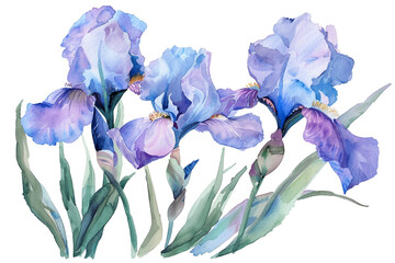 Watercolor iris clipart with intricate purple and blue blooms 