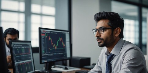 South Asian Financial Securities Trader Working on Desktop Computer in a Modern Office, Handsome Indian Accountant Bookkeeping Financial Affairs of a Business Venture