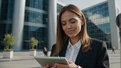 Fototapeta premium Portrait of a successful business woman using digital tablet in front of modern business building