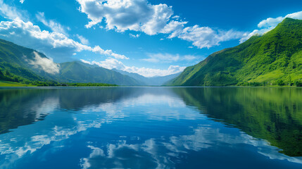 Fototapeta premium Serene Mountain Lake Reflection, Pristine Wilderness Landscape