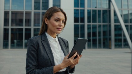 Portrait of a successful business woman using digital tablet in front of modern business building