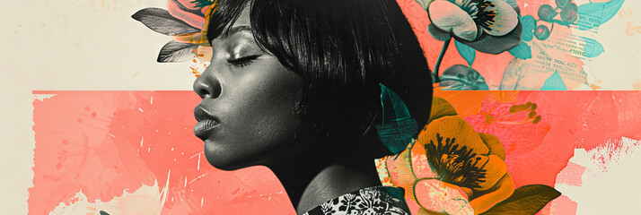 Artistic Collage of Woman with Floral Accents and Orange Background