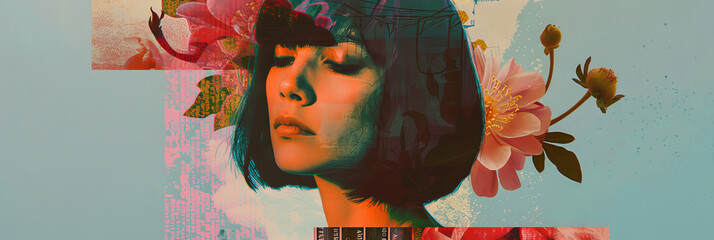 Ethereal Female Portrait with Soft Pink Blossoms and Vintage Text