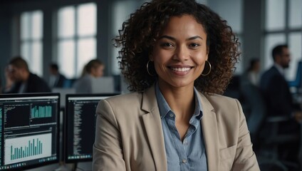 Fototapeta premium Portrait of an Attractive Empowered Multiethnic Woman Looking at Camera and Charmingly Smiling, Businesswoman at Work, Information Technology Manager, Software Engineering Professional