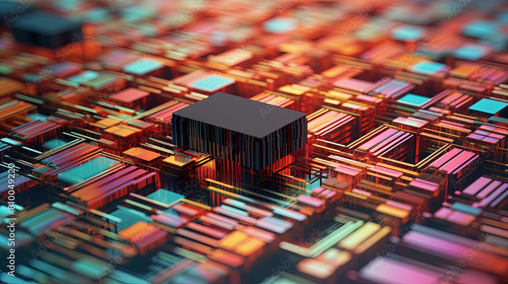 Poster Abstract motherboard structure with blocks and chips in purple and blue neon lights. Technology background with microchips on hardware circuitboard.