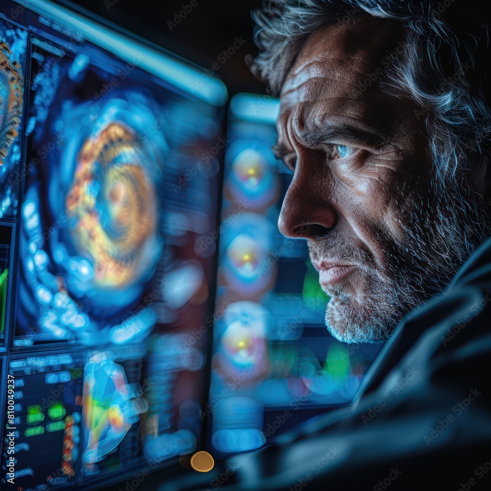 Poster a meteorologist is looking at a computer screen with a weather map on it.
