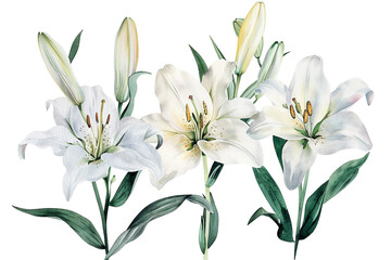 Watercolor lily clipart with elegant white petals and green stems, isolated on white background