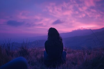 Young woman enjoying sunset on mountain top, purple skies and tranquil scenery

