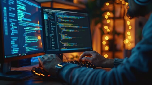 A man wearing headphones is typing on a backlit keyboard and looking at two computer monitors displaying lines of code.