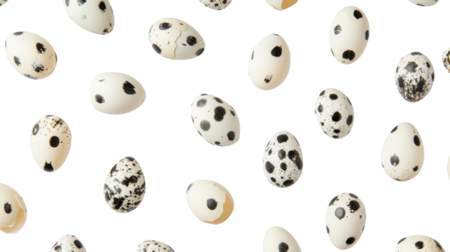 Creative pattern with quail eggs cut out on white background, png transparent