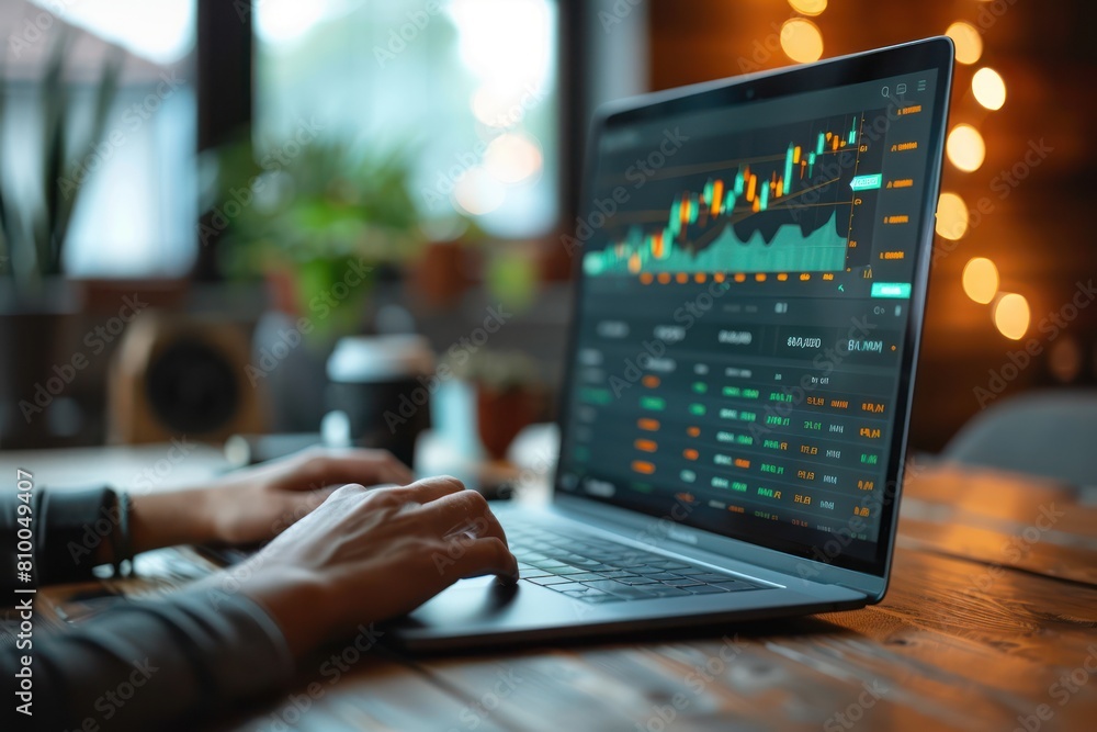 Poster a person is using a laptop computer to view a stock market chart.