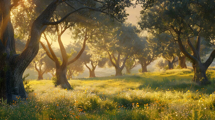 A serene olive grove at sunset, with golden light filtering through the leaves, creating a tranquil and warm ambiance