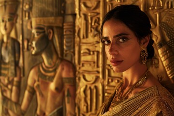 Fototapeta premium Fashion model in a gold embellished gown stands regally against a backdrop of ancient Egyptian carvings.