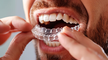 A young man inserting clear orthodontic aligners into his mouth. Transparent aligners for straightening teeth, dental aesthetics, care and maintenance of teeth