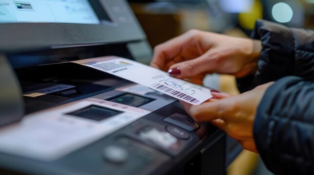 A woman prints out a train ticket from a self-service machine
