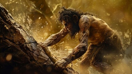 caveman carving a tree in the forest during the day in high resolution and quality