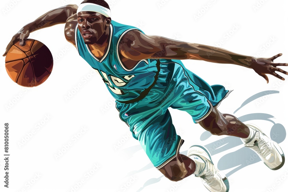 Poster basketball player in action with a dynamic pose, wearing a teal jersey and white shoes on an isolate