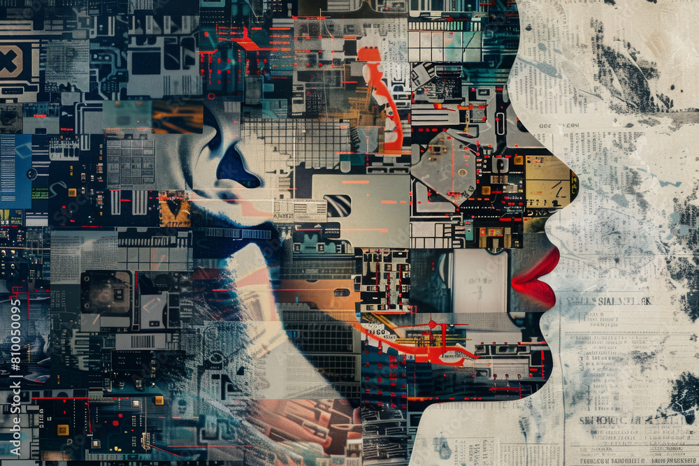 Poster digital transformation: abstract silhouettes overlapping with circuit patterns