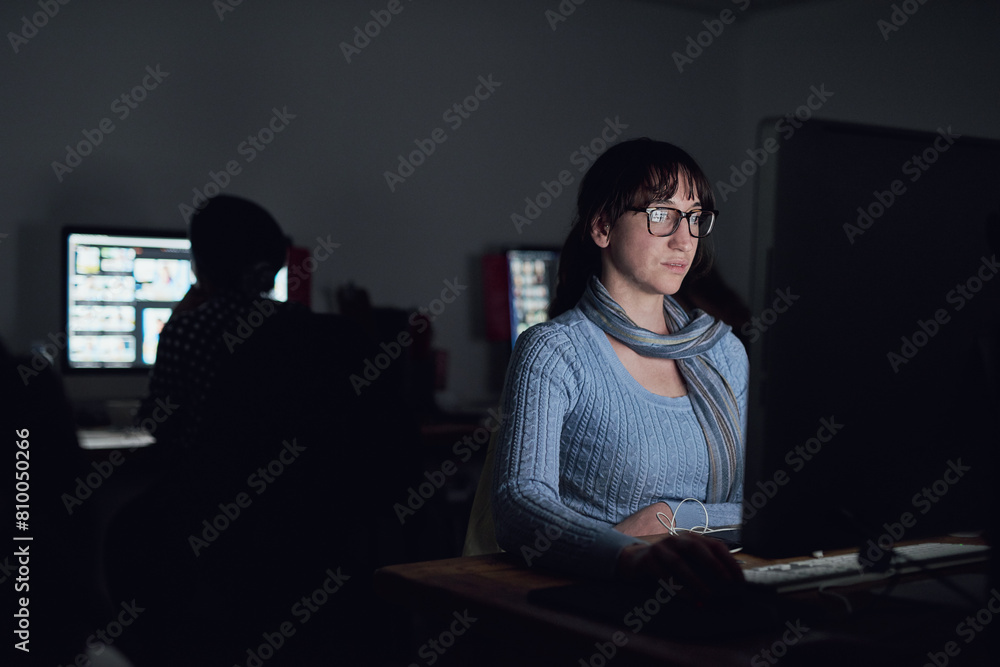 Poster dark, office and woman at computer for data analysis, online programming and cybersecurity. software
