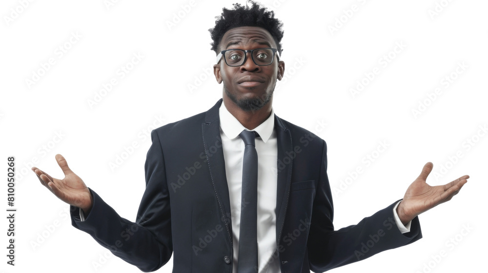 Wall mural business black man confused, corporate businessman shrugging her shoulders on a transparent backgrou